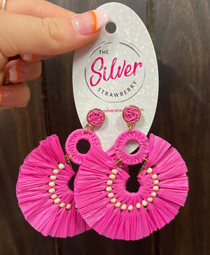 Yazelli Earrings- "Circle Fans" Hot Pink & Wood