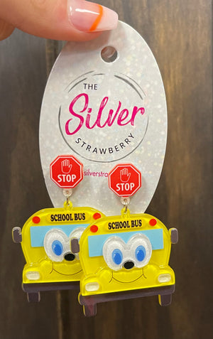 Glossy Acrylic Earrings- "Smiley Face School Bus" Glitter