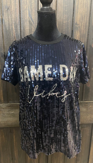 "Game Day Vibes" Navy Sequence Top