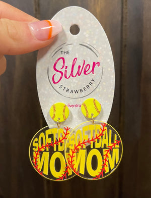 Glossy Acrylic Earrings- "Softball Mom" Clear Outline