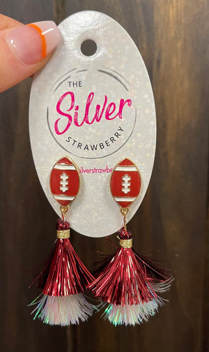 Danica Earrings- "Football" Maroon & White Fringed