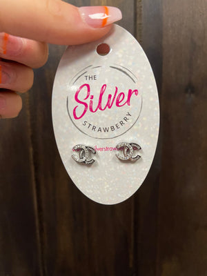 Natalie Stud Earrings- "CC; Plain & Rhinestone" Silver