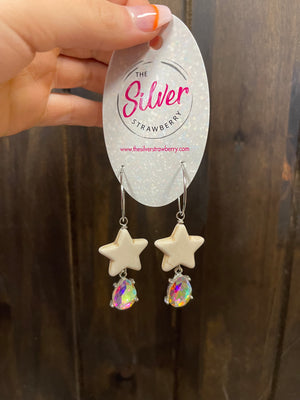 Bronze Lady Earrings- White Stars W/ Rhinestone Drop