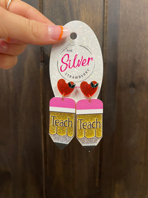 Glossy Acrylic Earrings- "Teach Glitter Pencils" Yellow