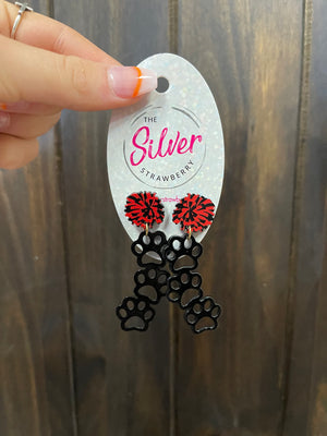 Glossy Acrylic Earrings- "Pom Pom Cougar Paws" Black & Red