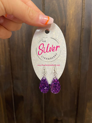 Glossy Acrylic Earrings- "Mini" Purple Glitter Teardrop