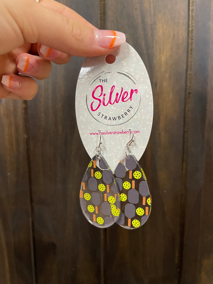 Glossy Acrylic Earrings- "Pickleball Theme" Clear Teardrop