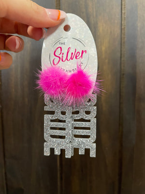Glossy Acrylic- "Bride; Silver Glitter" Pink Pom Pom