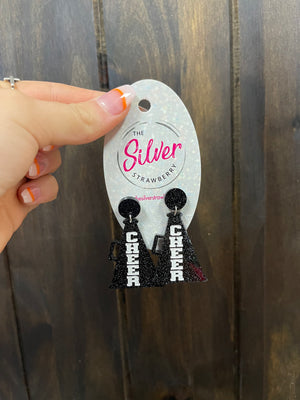 Glossy Acrylic Earrings- "Cheer Megaphone" Black Glitter