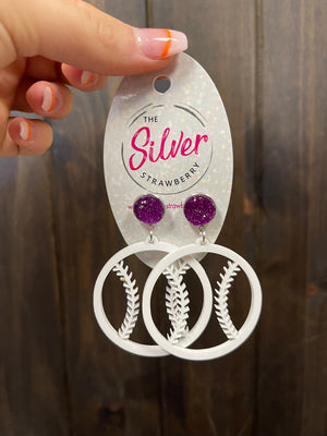 Glossy Acrylic Earrings- "Baseball Outline" White; Purple Druzy