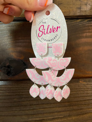 Glossy Acrylic Earrings- "Swirly Chandelier" Pink & White