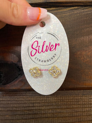 Jordan Stud Earrings- "Clover Rhinestone" Gold