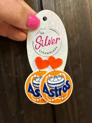 Glossy Acrylic Earrings- "Astros Dome" Orange Hearts