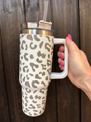 Handle Insulated Cup- "Leopard" White (40oz)