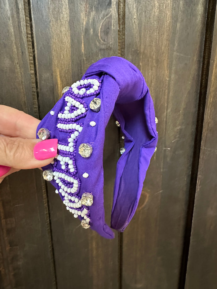 "Game Day" Rhinestone Beaded Headband- Purple