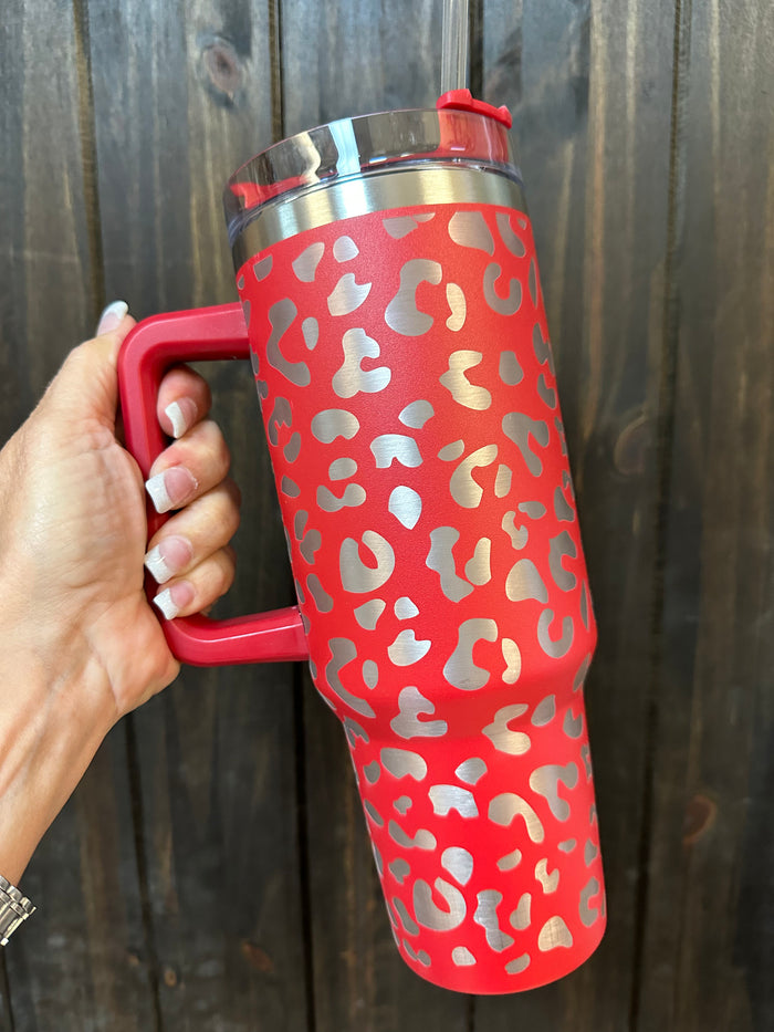 Handle Insulated Cup- "Leopard" Red (40oz)