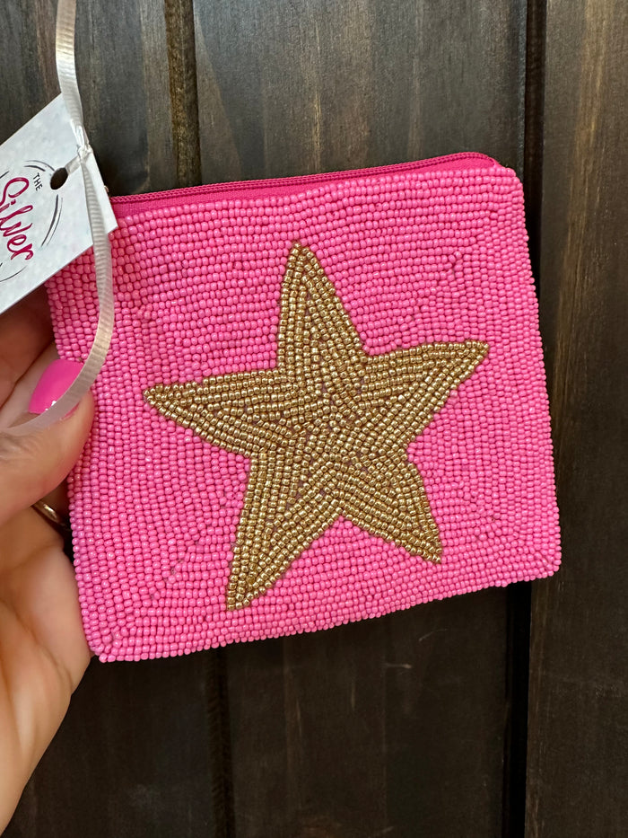 Coin Purse Wallet W/ Chain- "Gold Star" And Light Pink