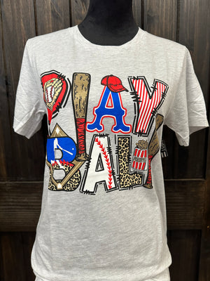 "Play Ball; Red & Blue" Baseball Tee