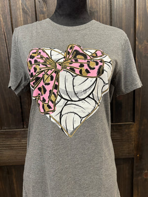 "Volleyball Heart W/ Pink Cheetah Bow" Tee