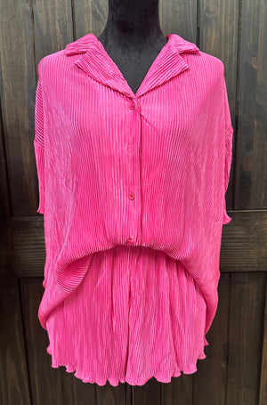 "Hot Pink Textured Pleated" Short 2-Piece Set