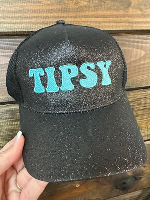 "Tipsy" Turquoise Black Sparkle Glitter Hat