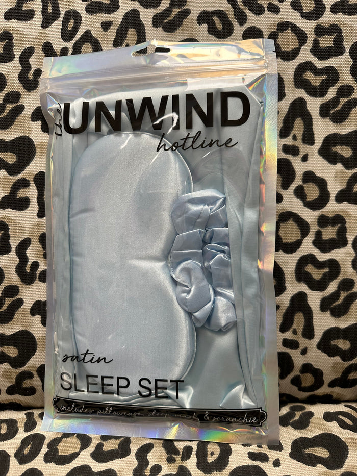 Sleep Satin Sets; Pillowcase, Scrunchie, Eye Mask- Baby Blue