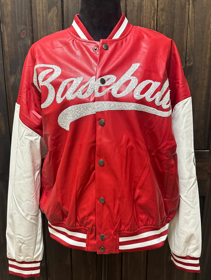 "Red Baseball Sequins" Baseball Letterman Jacket