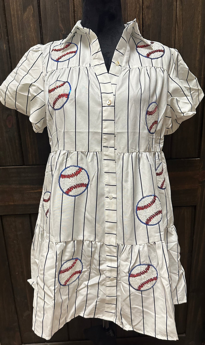 "Baseball Sequin Stripe Printed" Poplin Shirt Dress