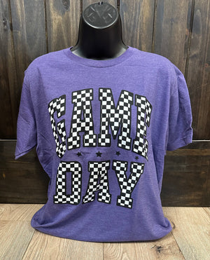 "Game Day; Black Checkered" Purple Tee