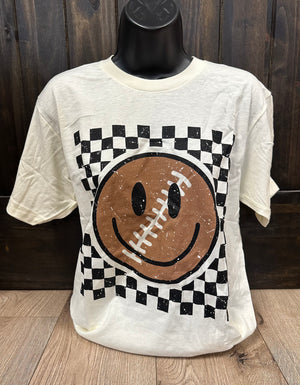 "Smiley Football Face" Checkered Background Tee