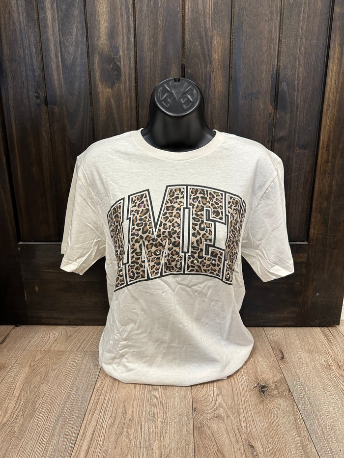 "AMEN" Leopard Rhinestone Tee