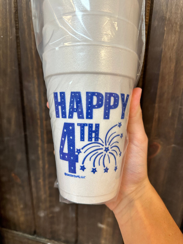 Styrofoam Cups- "Happy 4th" Blue Fireworks