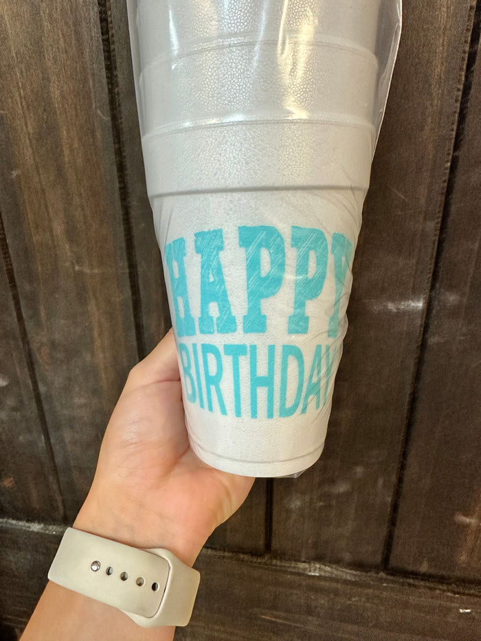 Styrofoam Cups- "Happy Birthday" Teal