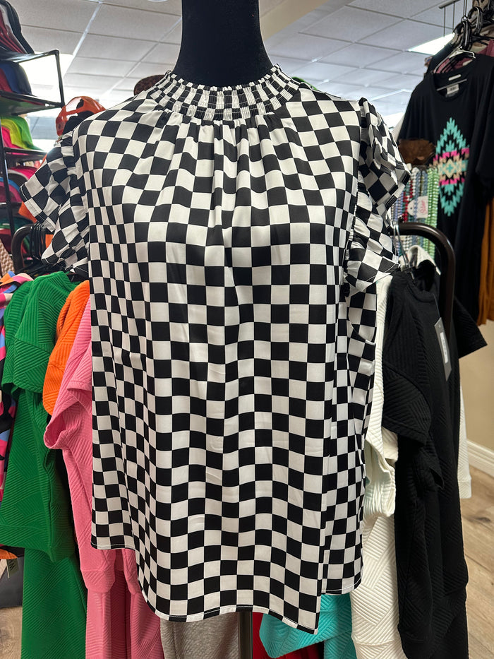 "Black & White Checkered Scrunch Neckline" Silky Ruffled Sleeve Top