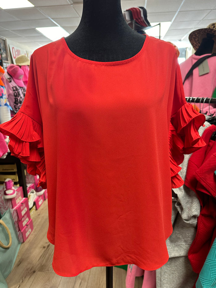"Red Pleated Ruffle Sleeve" Top