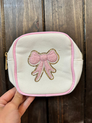 Make-Up Chenille Bags- Mini "Pink Bow" Pink & Cream