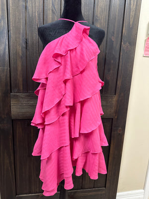 "Hot Pink One Shoulder" Tiered Ruffle Dress