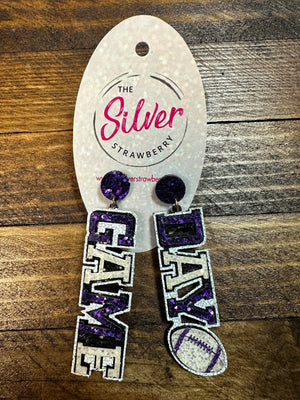 Glamour Glitter Earrings- "Game Day; Football" Purple