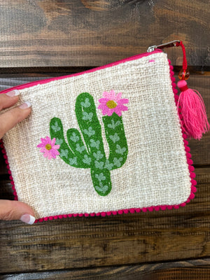 Karma Embroidered Make Up Bags- Green Cactus