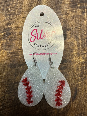 Glossy Acrylic Earrings- "Baseball Stitch; Glitter" Teardrop