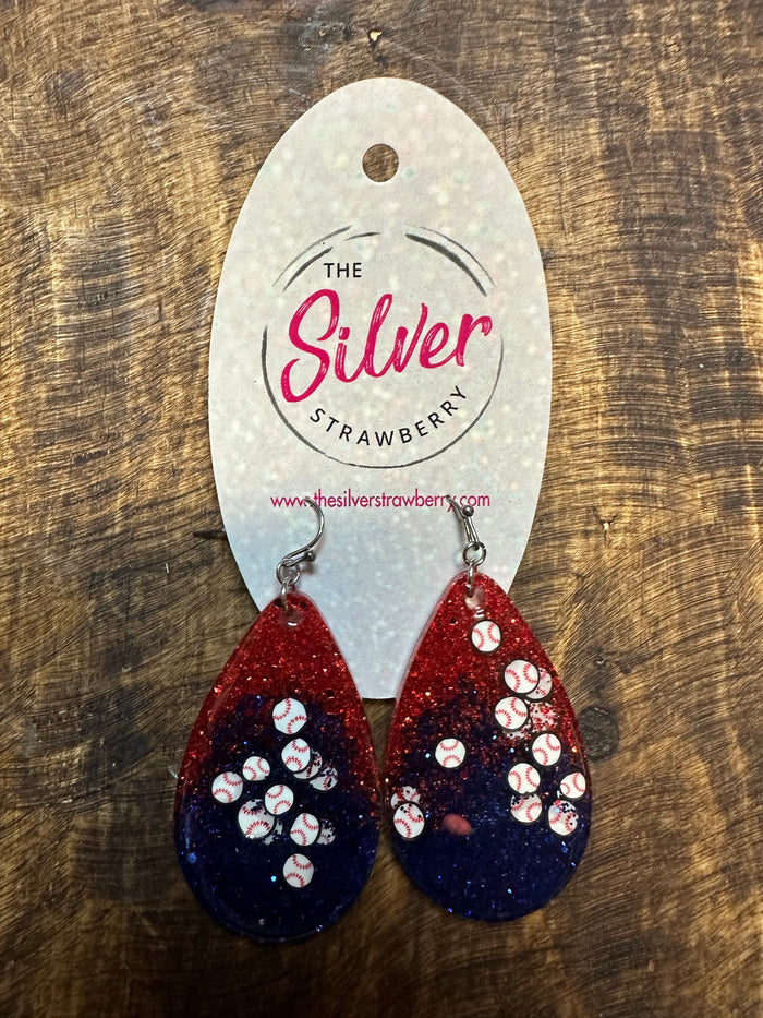 Glossy Acrylic Earrings- "Baseball Glitter Confetti" Teardrop