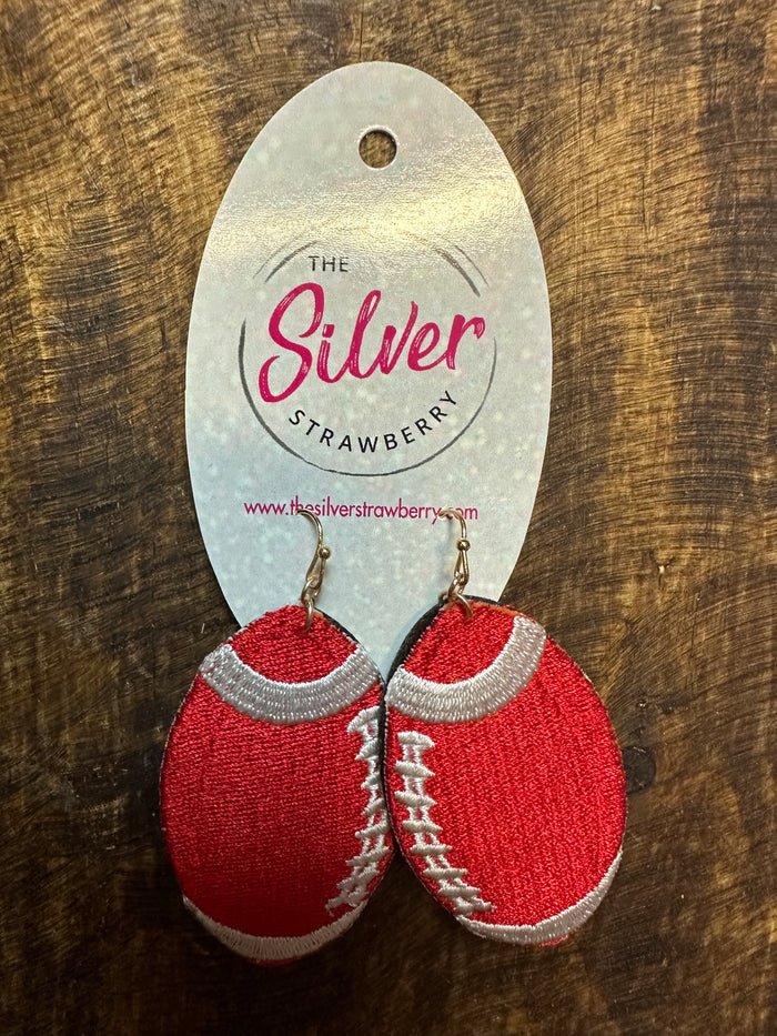 "Jade" Earrings- "Red & White Football" Embroidered