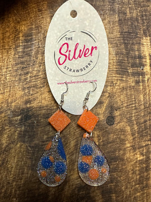Glossy Acrylic Earrings- "Orange & Royal Blue Dots" Glitter Teardrop