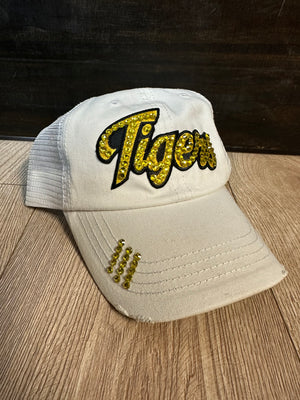 "Tigers; Blinged Out" White Denim Hat