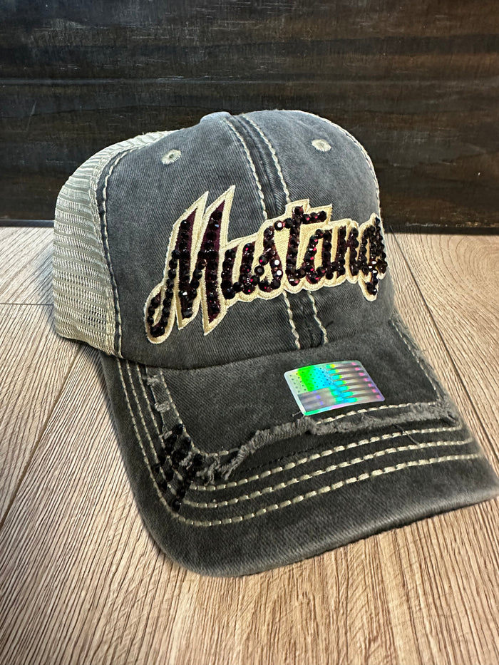 "Mustangs; Blinged Out" Grey Denim Hat
