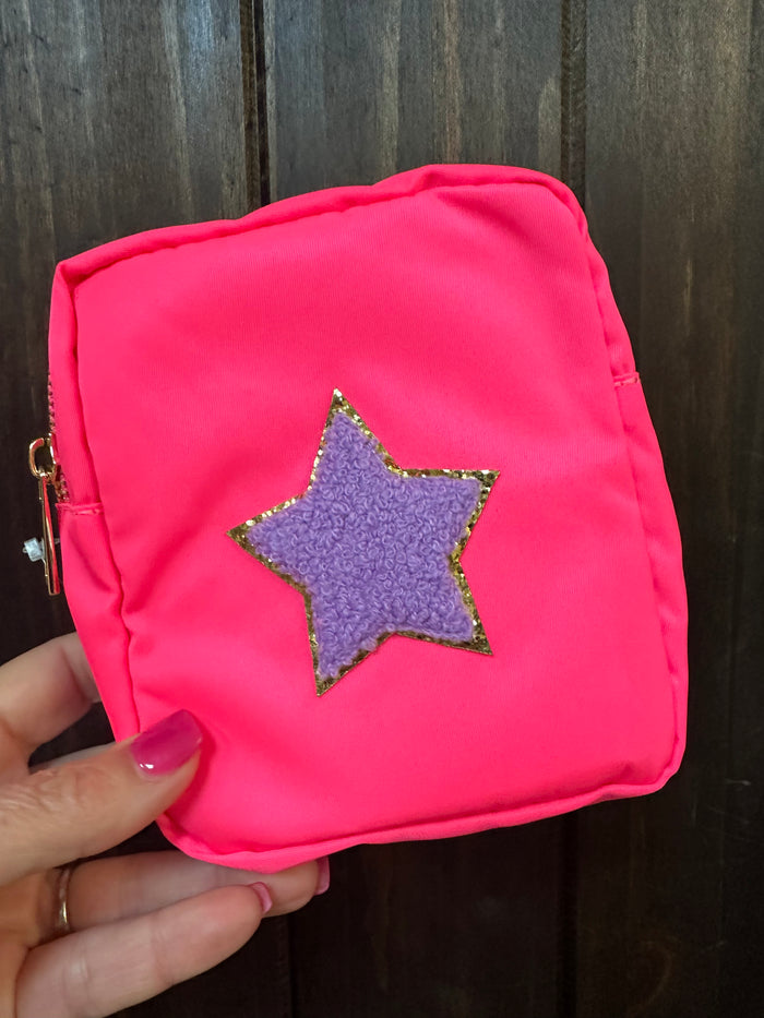 Nylon Make-Up Chenille Bags- Mini "Star" Neon Pink