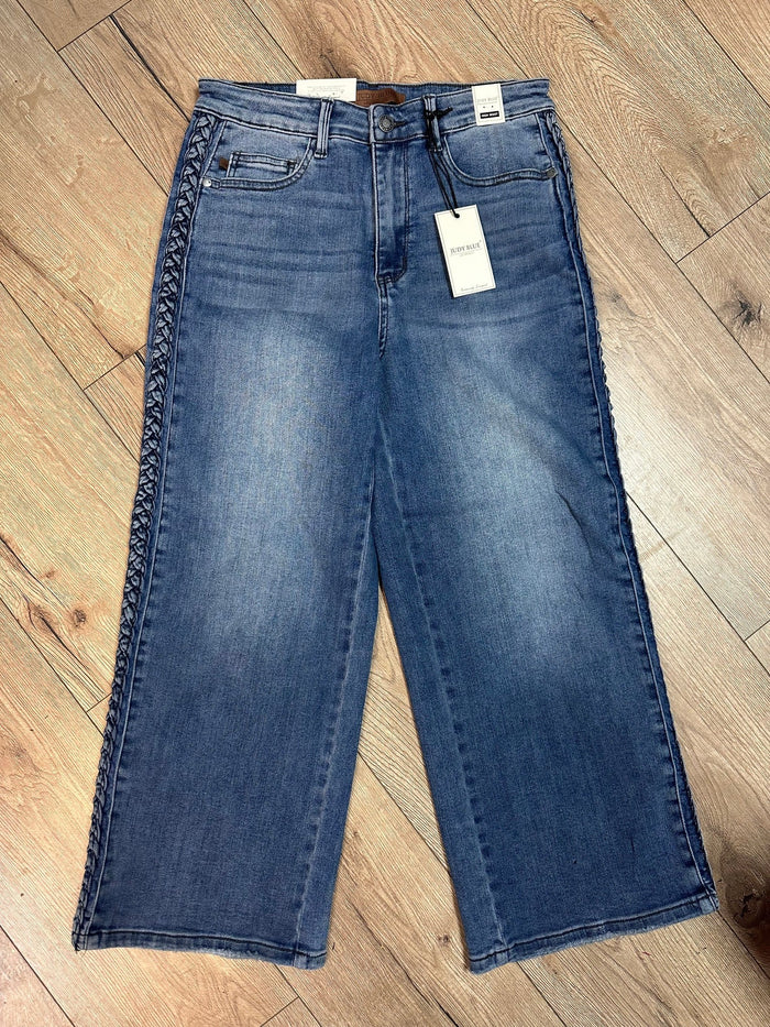 Judy Blue Wide Legged Jeans- High Waist; Braided Detail (50D)