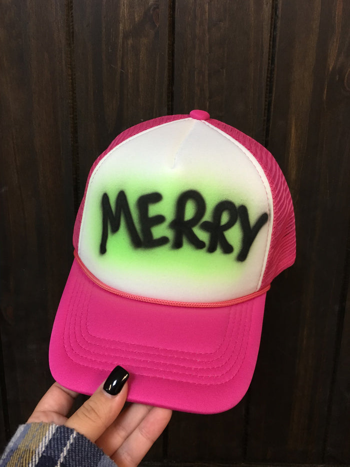 "Merry; Sprayed" Pink Puffy Hat