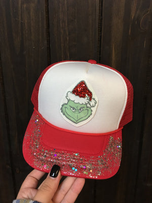 "Grinch: Glitter Rub" Red Puffy Hat