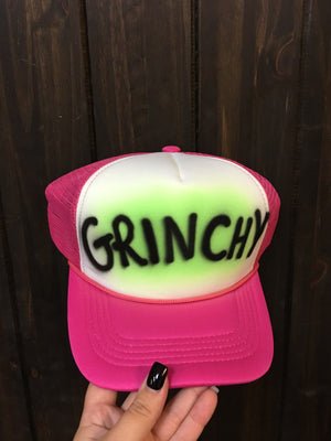"Grinchy; Sprayed" Pink Puffy Hat